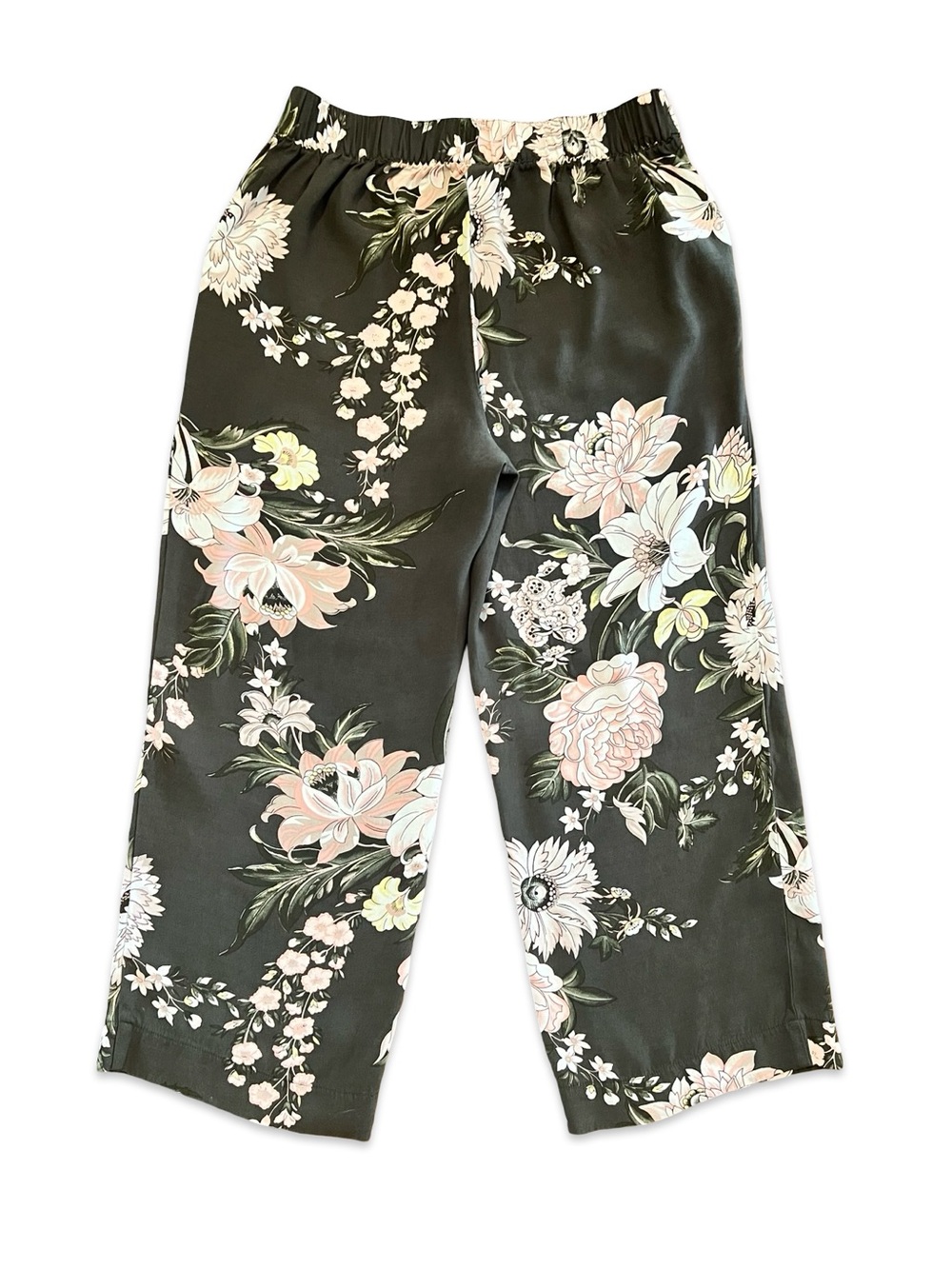 Loft Wide-Leg Cropped Pants Olive green with White & Pink Blush Floral - Picture 2 of 6
